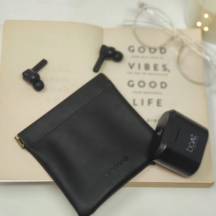 Aropana Self closing Leather Purse Portable Earphone AirPods Pouch Mini storage Jewellery Bag Coin Card Holder for Men & Women (11.5CM × 11CM) Black