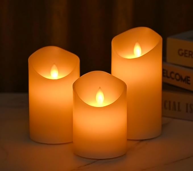 LTETTES Paraffin Wax Rechargeable Flameless Ivory Real Wax Led Pillar Candles Electric with Remote Controller for Home Decor,Birthday Gifting,Wedding&Any Other Decoration - Set of 3 (3"X4",5",6")