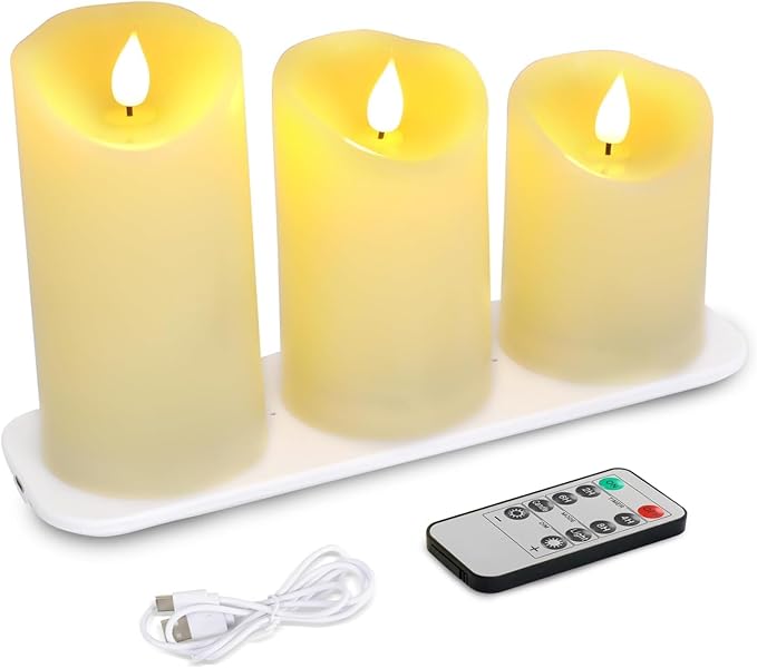 LTETTES plastic Set of 3 Rechargeable Flameless LED Candles|Ivory Wax Candles with Remote Control and Wireless Charging Pad|Home Decor, Festivals, Diwali, Gifting (3" Diameter x 4",5",6" Height)