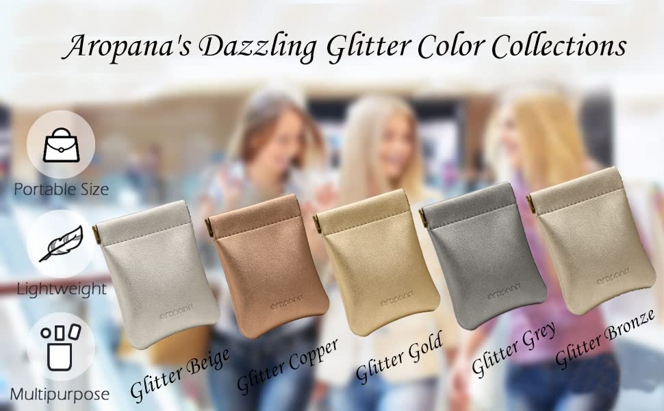 Aropana Self Closing Leather Travel Organiser Earphone AirPods Case Cosmetic Makeup Pouch Jewellery Bag Contact Lens Pouch Card Holder Mini Wallet for Men & Women (8.5CM × 11CM) Glitter Grey