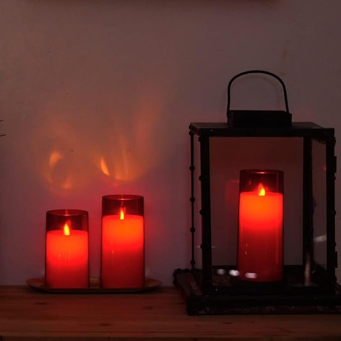 LTETTES Flameless Red Acrylic Fiber Glass LED Electric Candles | 2*AA Battery Powered with Remote Controller Pillar Candle for Home Festival Wedding Decor (3" D x 6" H)