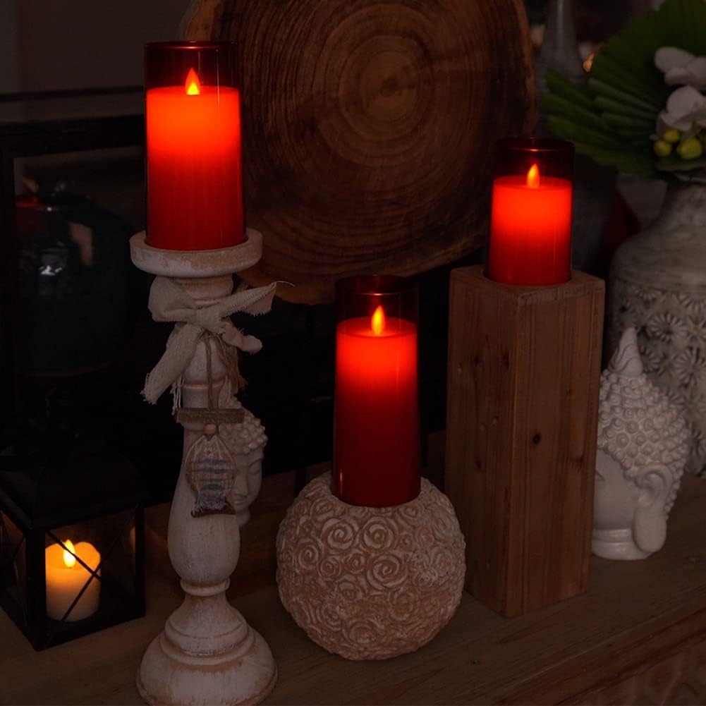 LTETTES Flameless Red Acrylic Fiber Glass LED Electric Candles | 2*AA Battery Powered with Remote Controller Pillar Candle for Home Festival Wedding Decor (3" D x 6" H)