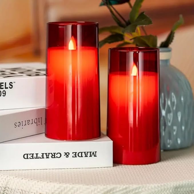 LTETTES Flameless Red Acrylic Fiber Glass LED Electric Candles | 2*AA Battery Powered with Remote Controller Pillar Candle for Home Festival Wedding Decor (3" D x 6" H)