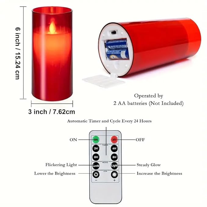 LTETTES Flameless Red Acrylic Fiber Glass LED Electric Candles | 2*AA Battery Powered with Remote Controller Pillar Candle for Home Festival Wedding Decor (3" D x 6" H)