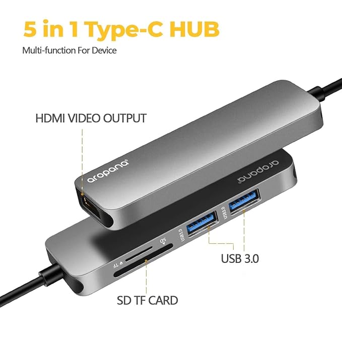 USB C Hub HDMI Adapter for MacBook Pro 2019/2018/2017, Aropana 5 in 1 Dongle USB-C to HDMI, Sd/TF Card Reader and 2 Ports USB 3.0 (Space Gray)
