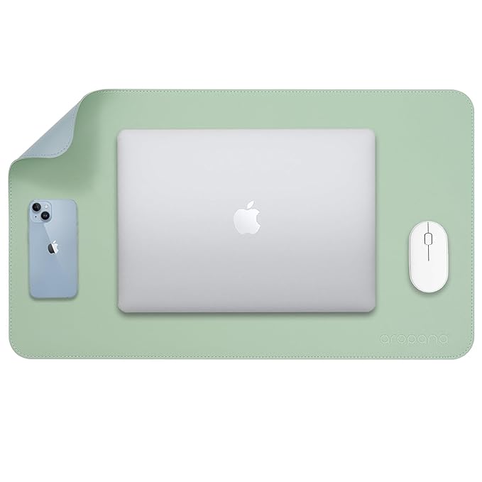 Aropana Vegan Leather Desk Mat, Mouse Pad Large, Computer Table Mat, Reversible Extended Laptop Pad for Desk, Dual Side Waterproof Edge-Stitched (23.6"x13.8"inch, Green/Blue)