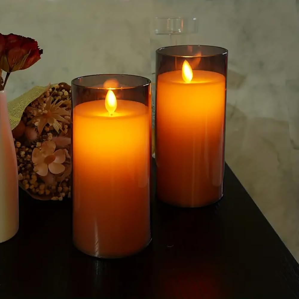 LTETTES Flameless Grey Acrylic Fiber Glass LED Electric Candles | 2*AA Battery Powered with Remote Controller Pillar Candle for Home Festival Wedding Decor (3" D x 6" H)