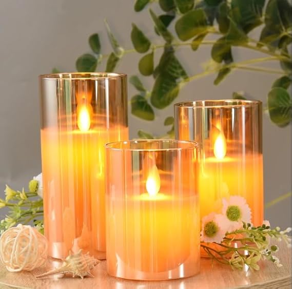 LTETTES Real Wax LED Glass Pillar Flameless Candles | Faux Dancing Wick | Amber Gold Glass | Battery Powered with Multifunctional Remote Controller for Home Decor | Set of 3 (H-4",5",6" x D-3")