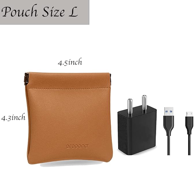 Aropana Self Closing Leather Purse Portable Earphone AirPods Pouch Mini Storage Jewellery Bag Coin Card Holder for Men & Women (11.5CM × 11CM) Brown