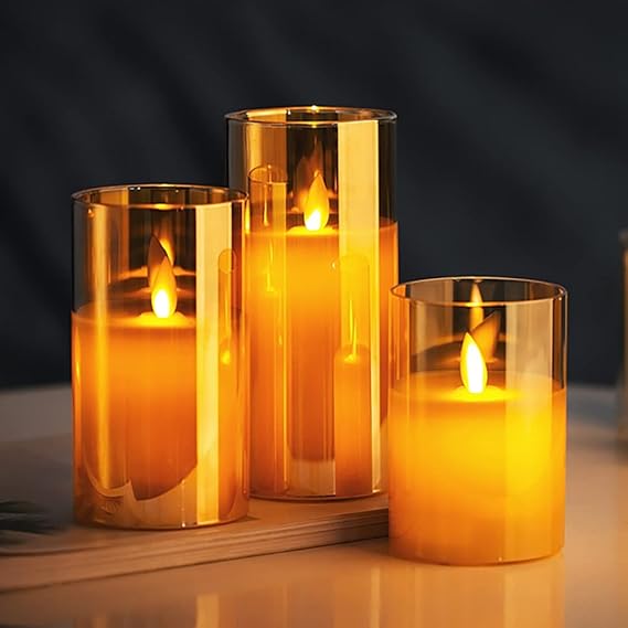 LTETTES Real Wax LED Glass Pillar Flameless Candles | Faux Dancing Wick | Amber Gold Glass | Battery Powered with Multifunctional Remote Controller for Home Decor | Set of 3 (H-4",5",6" x D-3")