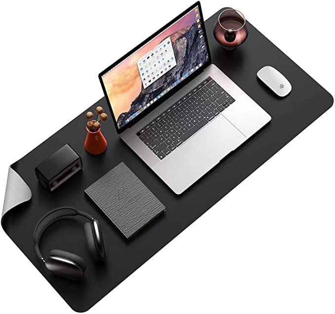 Aropana Vegan Leather Desk Mat, Mouse Pad Large, Computer Table Mat, Reversible Extended Laptop Pad for Desk, Dual Side Waterproof Edge-Stitched (36"x17"inch, Black/Grey)