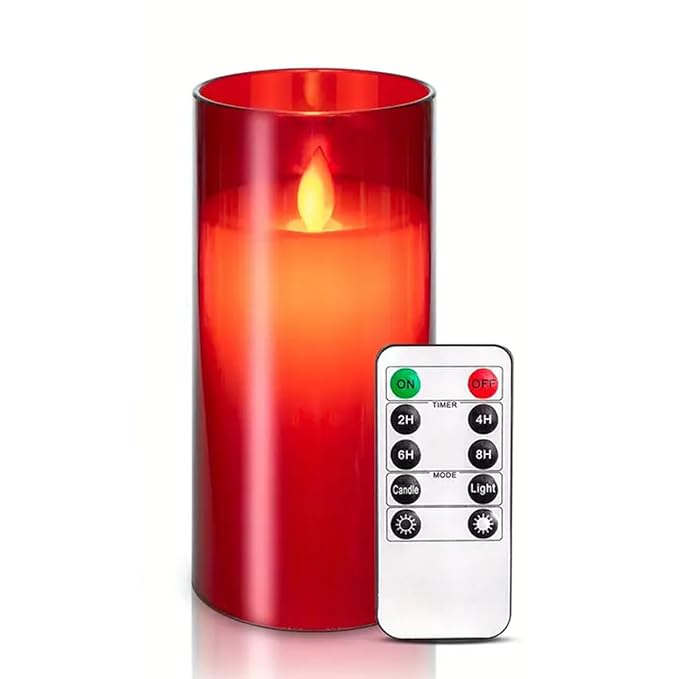 LTETTES Flameless Red Acrylic Fiber Glass LED Electric Candles | 2*AA Battery Powered with Remote Controller Pillar Candle for Home Festival Wedding Decor (3" D x 6" H)