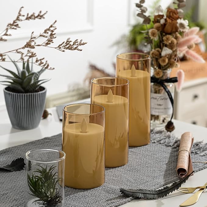 LTETTES Flameless LED Candles AA Battery Powered with Golden Acrylic Fiber Glass with Remote Controller and Timer for Home Festival Wedding Decor (Set of 3-3" D x 4",5",6" H)