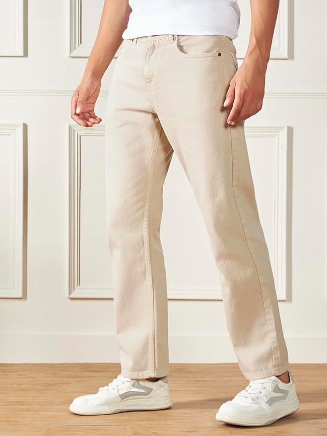 Denim Men Beige Cotton Regular Fit Casual Jeans