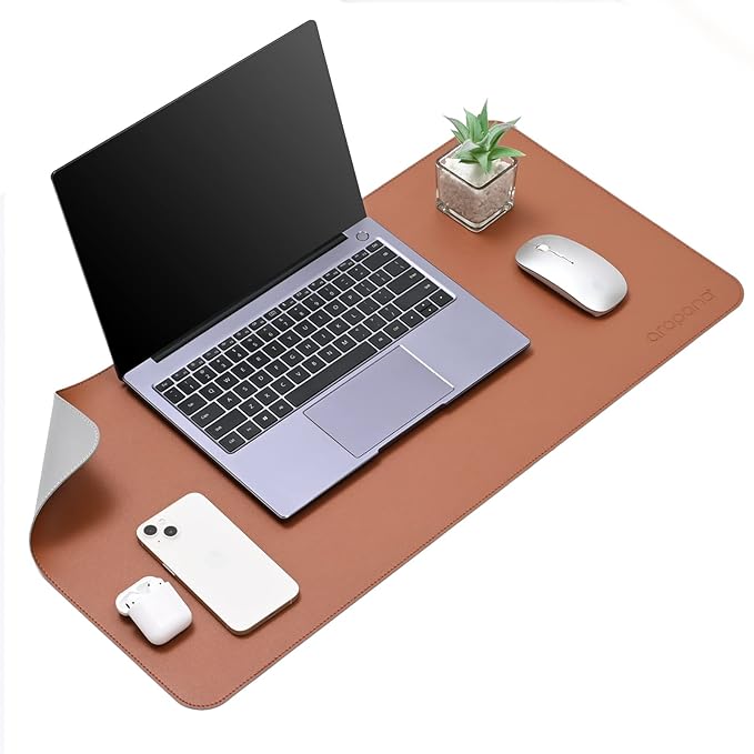 Aropana Vegan Leather Desk Mat, Mouse Pad Large, Computer Table Mat, Reversible Extended Laptop Pad for Desk, Dual Side Waterproof Edge-Stitched (27.6x13.8 inch, Brown/Grey)