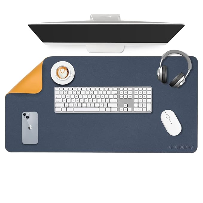 Aropana Vegan Leather Desk Mat, Mouse Pad Large, Computer Table Mat, Reversible Extended Laptop Pad for Desk, Dual Side Waterproof Edge-Stitched (31.5"x 15.7"inch, Navy Blue/Yellow)