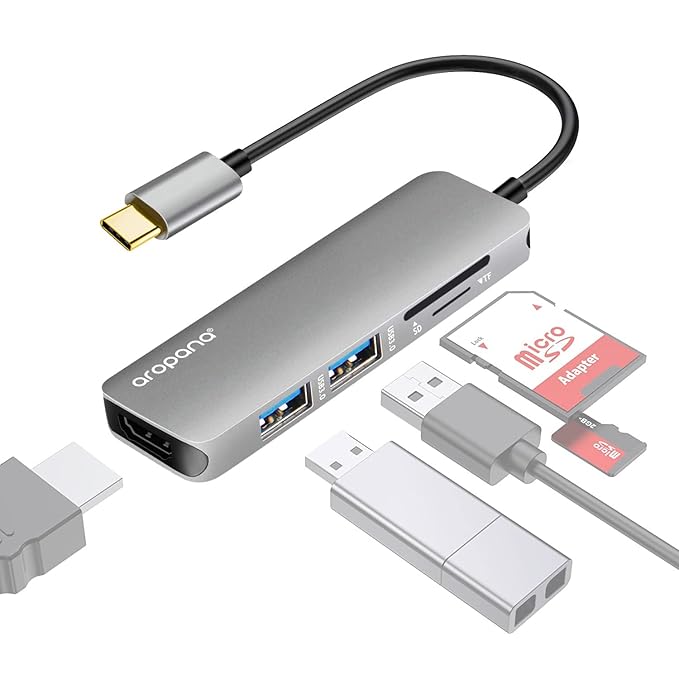 USB C Hub HDMI Adapter for MacBook Pro 2019/2018/2017, Aropana 5 in 1 Dongle USB-C to HDMI, Sd/TF Card Reader and 2 Ports USB 3.0 (Space Gray)