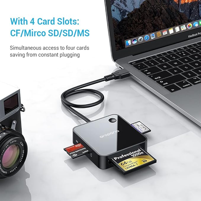 AROPANA SD Card Reader USB 3.0 Card Hub Adapter 5Gbps Read 4 Cards Simultaneously CF CFI TF SDXC SDHC SD MMC Micro SDXC Micro SD Micro SDHC MS UHS-I for Windows Mac Linux