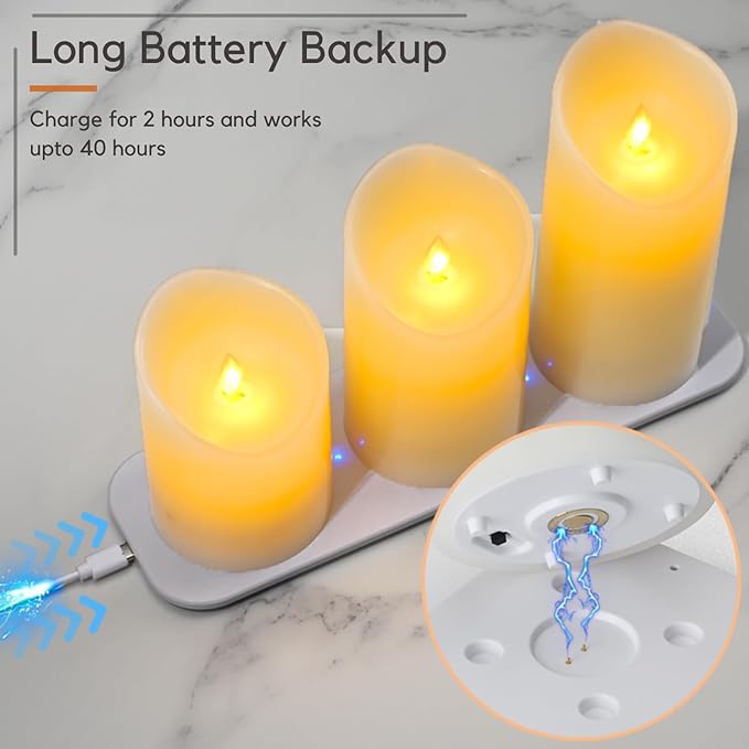 LTETTES Paraffin Wax Rechargeable Flameless Ivory Real Wax Led Pillar Candles Electric with Remote Controller for Home Decor,Birthday Gifting,Wedding&Any Other Decoration - Set of 3 (3"X4",5",6")
