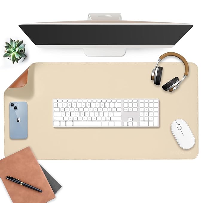aropana Vegan Leather Desk Mat, Mouse Pad Large, Computer Table Mat, Reversible Extended Laptop Pad for Desk, Dual Side Waterproof Edge-Stitched (31.5"x 15.7"inch, White/Coffee)