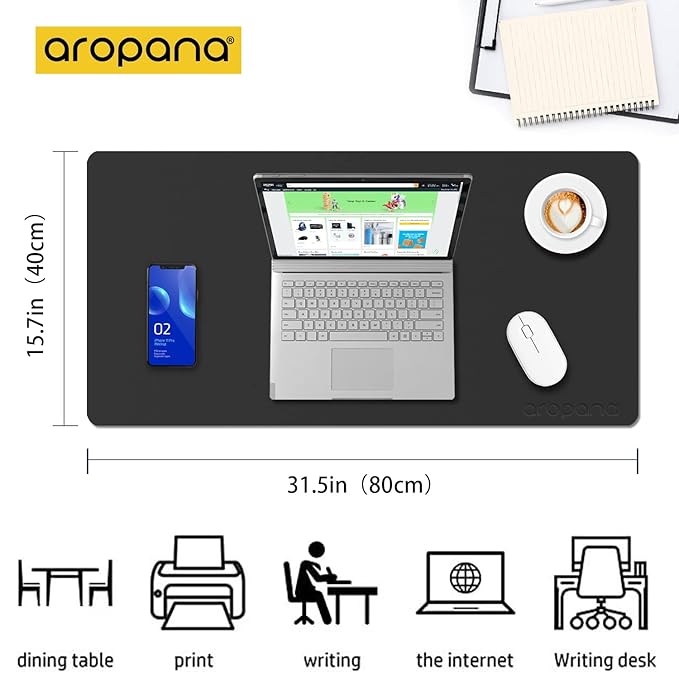 Aropana Vegan Leather Desk Mat, Mouse Pad Large, Computer Table Mat, Reversible Extended Laptop Pad for Desk, Dual Side Waterproof Edge-Stitched (31.5"x 15.7"inch, Black/Grey)