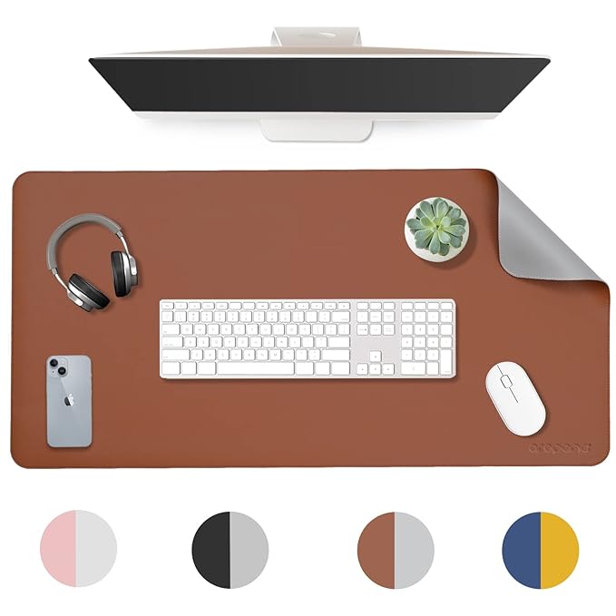 aropana Vegan Leather Desk Mat, Mouse Pad Large, Computer Table Mat, Reversible Extended Laptop Pad for Desk, Dual Side Waterproof Edge-Stitched (36"x17"inch, Brown/Grey)