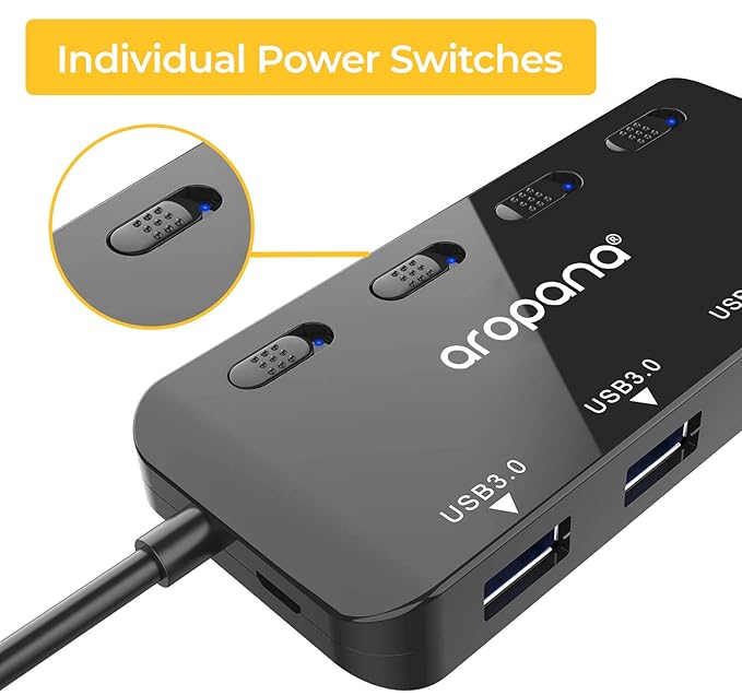 AROPANA USB 3.1 Gen 1 /USB 3.0 High Speed 5Gbps Hub for Laptop 4 Port Portable Adapter with Individual Power ON/Off Switch and Individual Blue LED Indicators (with 2ft /60cm Long Cable)