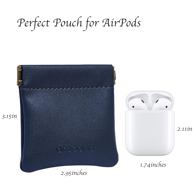 Aropana Self closing Leather Squeeze Coin Purse Waterproof Portable Earphone AirPods Pouch Mini storage Jewellery Bag Change Holder for Men & Women (8CM*7.5CM) Navy Blue