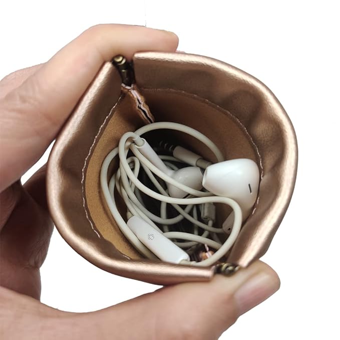 Aropana Self Closing Leather Travel Organiser Earphone AirPods Case Cosmetic Makeup Pouch Jewellery Bag Contact Lens Pouch Card Holder Mini Wallet for Men & Women (8.5CM × 11CM) Glitter Copper