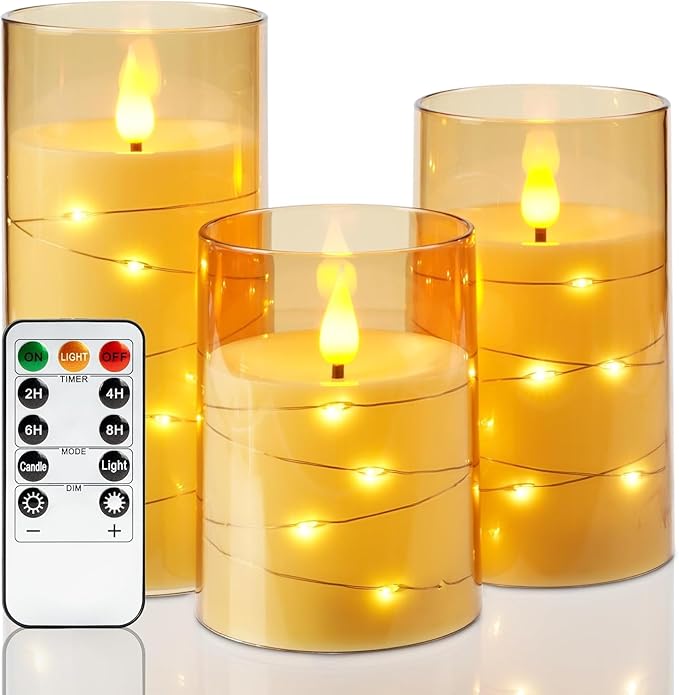 LTETTES 3 Set (H-4",5",6" x D-3") LED String Light Inbuild Acrylic Fiber Glass Flameless Electric Candles,Gold Color Battery Powered with Remote for Home Decor, Birthday Gifting, Wedding, Festivals