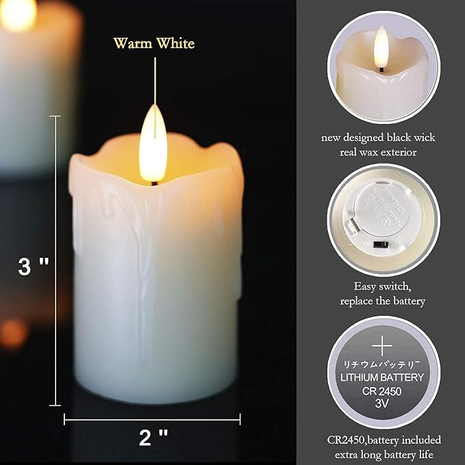 LTETTES 2"x3" Real Wax Flameless Votive Candles | Realistic Black Wick Battery Operated Pillar Candles with Remote | Wedding, Party and Holiday Decoration (Battery Included) - Pack of 6