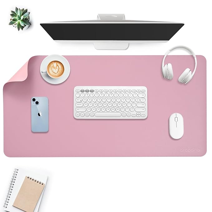 Aropana Vegan Leather Desk Mat, Mouse Pad Large, Computer Table Mat, Reversible Extended Laptop Pad for Desk, Dual Side Waterproof Edge-Stitched (36"x17" inch, Purple/Pink)
