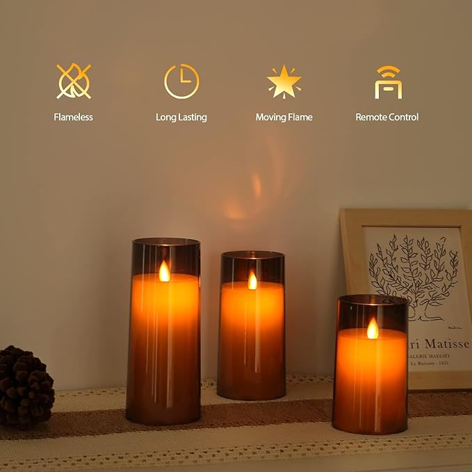 LTETTES Flameless Grey Acrylic Fiber Glass LED Electric Candles | 2*AA Battery Powered with Remote Controller Pillar Candle for Home Festival Wedding Decor (3" D x 6" H)