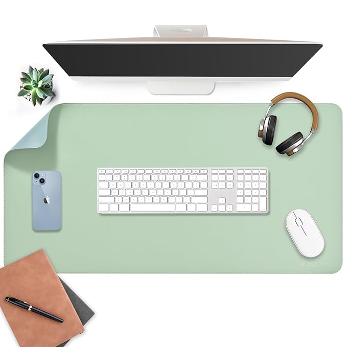 aropana Vegan Leather Desk Mat, Mouse Pad Large, Computer Table Mat, Reversible Extended Laptop Pad for Desk, Dual Side Waterproof Edge-Stitched (36"x17"inch, Green/Blue)
