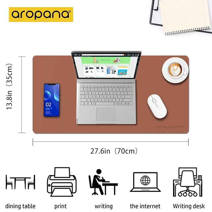 Aropana Vegan Leather Desk Mat, Mouse Pad Large, Computer Table Mat, Reversible Extended Laptop Pad for Desk, Dual Side Waterproof Edge-Stitched (27.6x13.8 inch, Brown/Grey)
