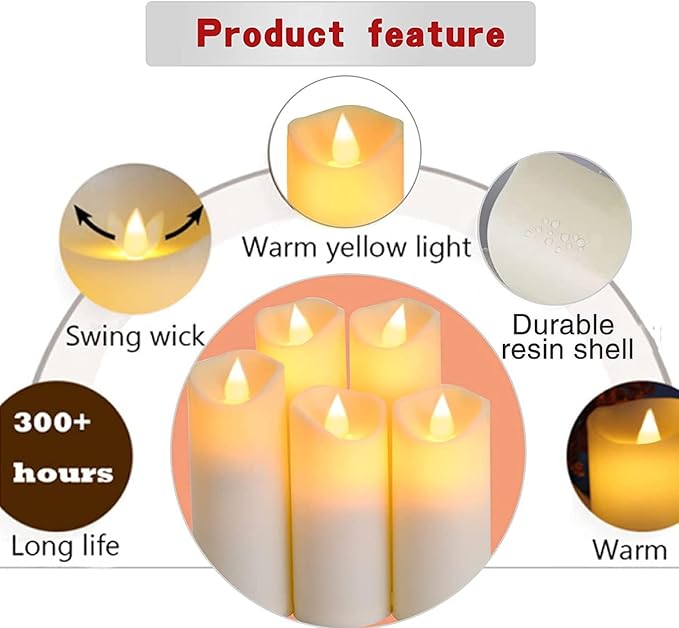 LTETTES Set 9 (D2.3 x H5 6" 7" 8") LED Waterproof Pillar Flameless Electric Candles with Flickering Faux Wick Ivory Battery Powered with Remote for Home Decor, Birthday Gifting, Wedding, Festivals