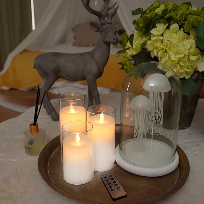 LTETTES Flameless LED Candles AA Battery Powered with White Acrylic Fiber Glass with Remote Controller and Timer for Home Festival Wedding Decor (Set of 3-3" D x 4",5",6" H)
