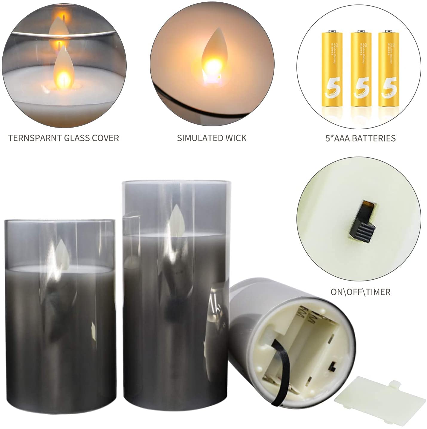LTETTES Real Wax LED Glass Pillar Flameless Candles | Faux Dancing Wick | Tinted Grey Glass | Battery Powered with Multifunctional Remote Controller for Home Decor | Set of 3 (H-4",5",6" x D-3")