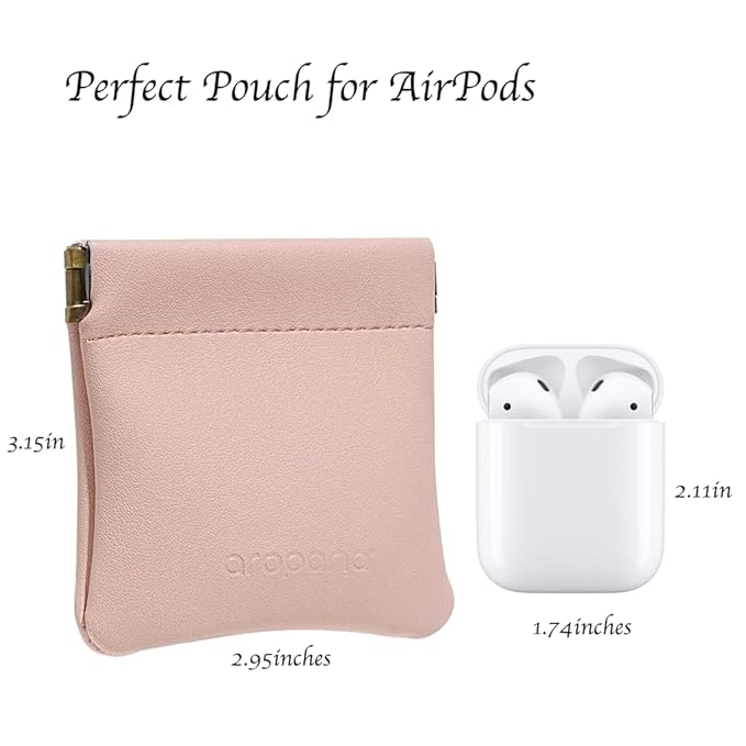 Aropana Self closing Leather Squeeze Coin Purse Waterproof Portable Earphone AirPods Pouch Mini storage Jewellery Bag Change Holder for Men & Women (8CM*7.5CM) Light Pink