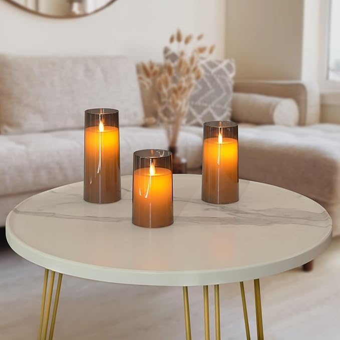 LTETTES 3 Set(H-4",5",6" X D-3")Led Acrylic Fiber Glass Pillar Flameless Electric Candles,Grey Color - Battery Powered With Remote For Home Decor,Birthday Gifting,Wedding And Festival,Other Occasions