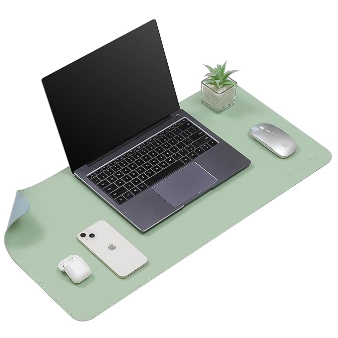 Aropana Vegan Leather Desk Mat, Mouse Pad Large, Computer Table Mat, Reversible Extended Laptop Pad for Desk, Dual Side Waterproof Edge-Stitched (27.6x13.8 inch, Green/Blue)