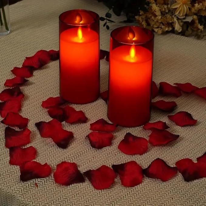 LTETTES Flameless Red Acrylic Fiber Glass LED Electric Candles | 2*AA Battery Powered with Remote Controller Pillar Candle for Home Festival Wedding Decor (3" D x 6" H)