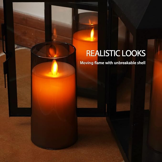 LTETTES 3 Set(H-4",5",6" X D-3")Led Acrylic Fiber Glass Pillar Flameless Electric Candles,Grey Color - Battery Powered With Remote For Home Decor,Birthday Gifting,Wedding And Festival,Other Occasions