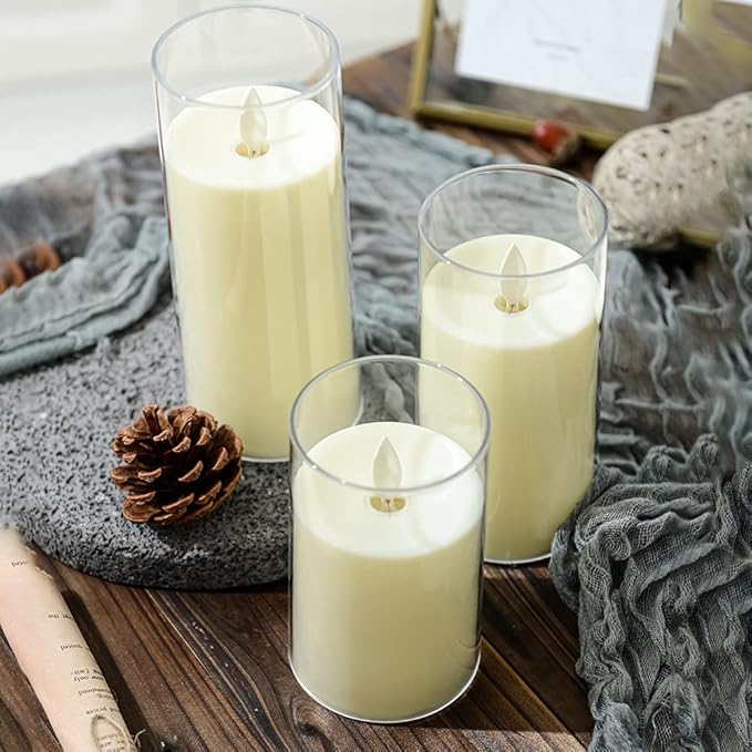 LTETTES Flameless LED Candles AA Battery Powered with White Acrylic Fiber Glass with Remote Controller and Timer for Home Festival Wedding Decor (Set of 3-3" D x 4",5",6" H)