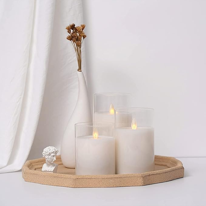 LTETTES LED Glass Cup Pillar Flameless Electric Candles | Flickering Faux Wick | White Color Glass | Battery Powered with Multifunctional Remote Controller for Home Decor | Set of 3 3" D x 4",5",6" H