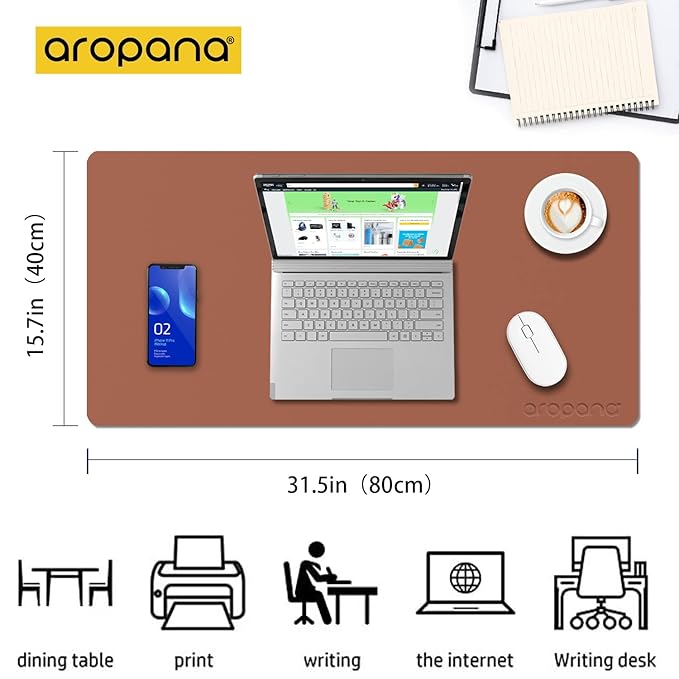 Aropana Vegan Leather Desk Mat, Mouse Pad Large, Computer Table Mat, Reversible Extended Laptop Pad for Desk, Dual Side Waterproof Edge-Stitched (31.5"x 15.7"inch, Brown/Grey)