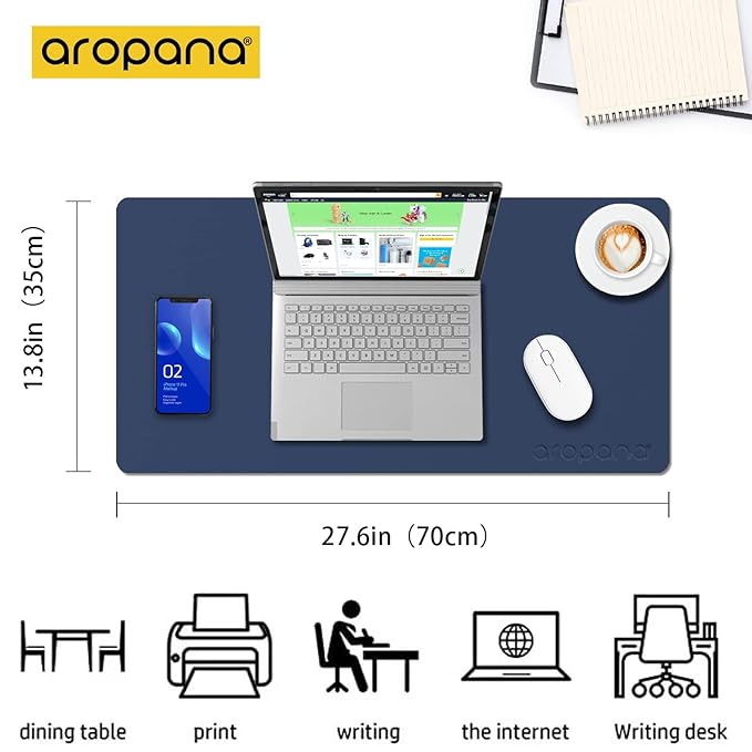 Aropana Vegan Leather Desk Mat, Mouse Pad Large, Computer Table Mat, Reversible Extended Laptop Pad for Desk, Dual Side Waterproof Edge-Stitched (27.6x13.8 inch, Navy Blue/Yellow)