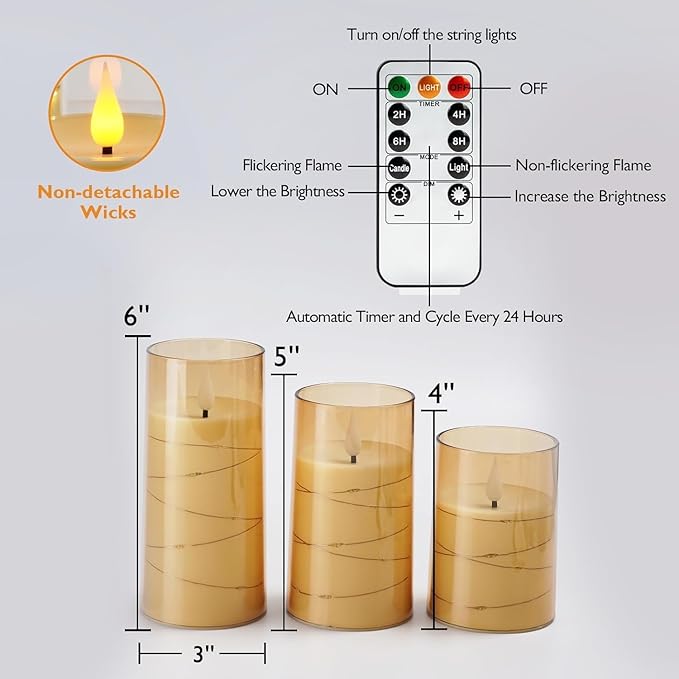 LTETTES 3 Set (H-4",5",6" x D-3") LED String Light Inbuild Acrylic Fiber Glass Flameless Electric Candles,Gold Color Battery Powered with Remote for Home Decor, Birthday Gifting, Wedding, Festivals