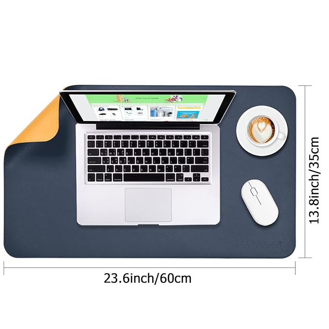 Aropana Vegan Leather Desk Mat, Mouse Pad Large, Computer Table Mat, Reversible Extended Laptop Pad for Desk, Dual Side Waterproof Edge-Stitched (23.6"x13.8"inch, Navy Blue/Yellow)