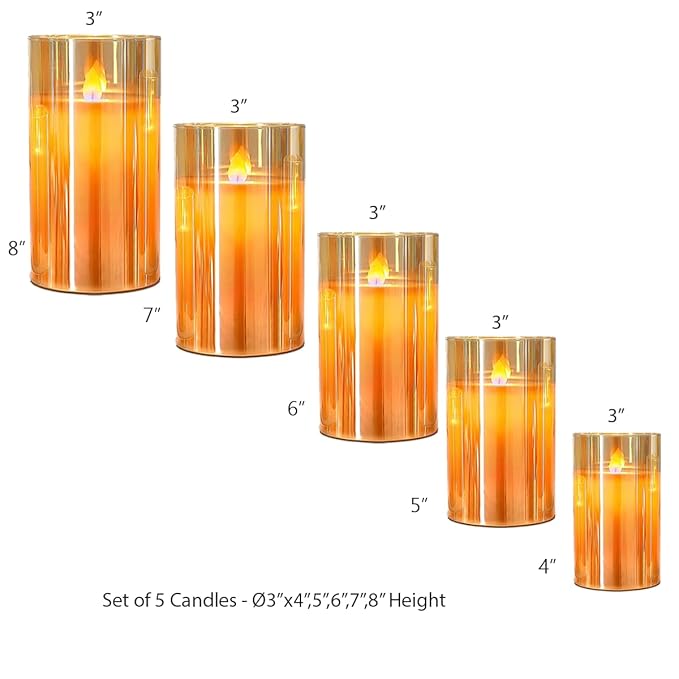 LTETTES Set of 5 Premium LED Amber Glass Cup Pillar Candles with Real Wax with Moving Faux Wick | Battery Powered with Remote Controller | 3" H x4,5,6",7",8" Dia | Ideal for Home Decor and Gifting